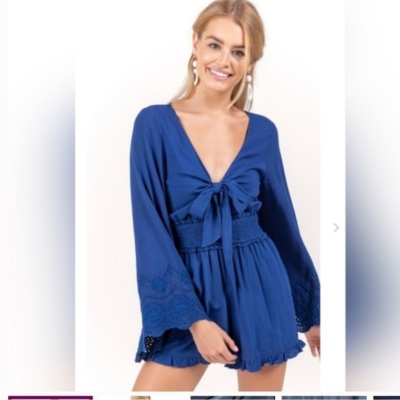 Francesca's Collections Pants - Francesca's Blue Rain Navy Embroidered Long sleeve Tie Knit Romper